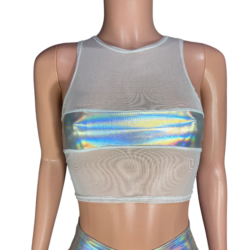 Opal and Mesh Censor Crop Tank - White Mesh w/ Opal Iridescent Holographic black tank top