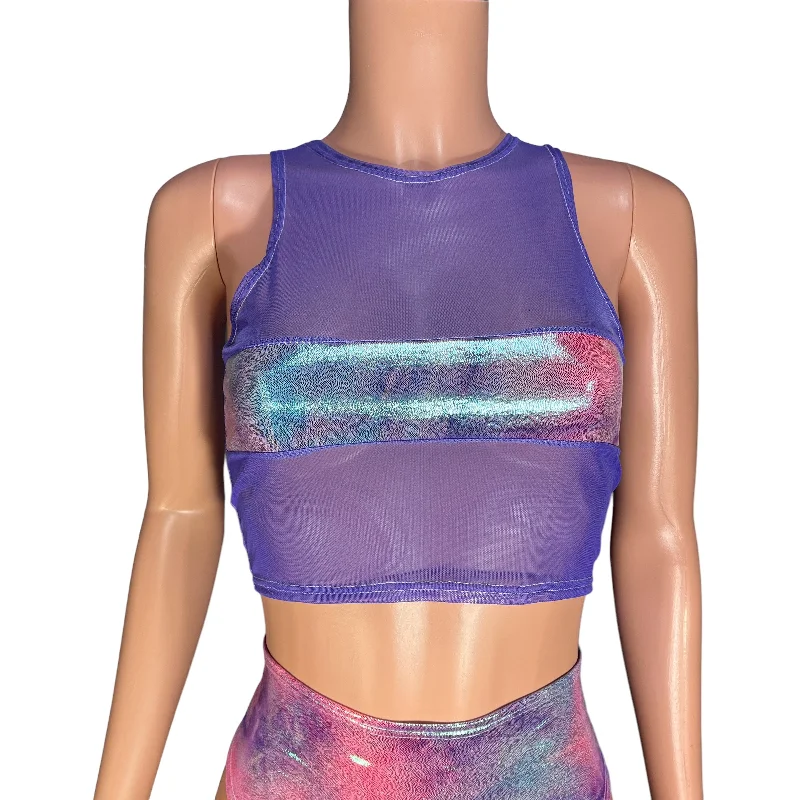 Censor Crop Tank - Lavender Mesh w/ Rainbow Mystique Tie Dye Holographic lemon yellow tank