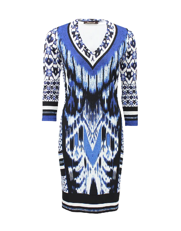 Three-Quarter Sleeve V-Neck Print Dress Tunics Chic elegant