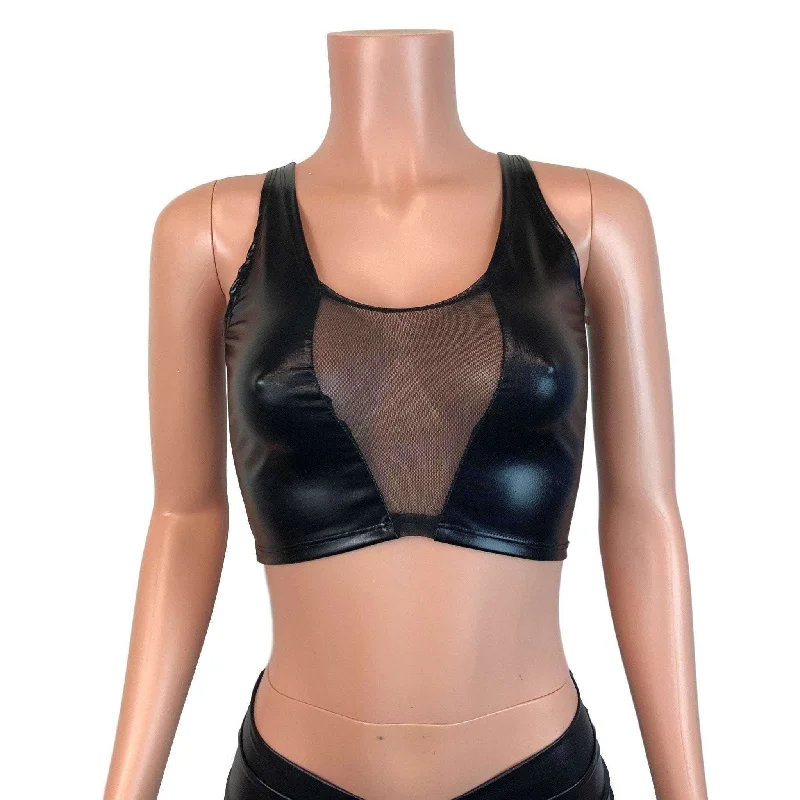 Mesh Inset Crop Tank - Black Metallic "Wet Look" bright tank top