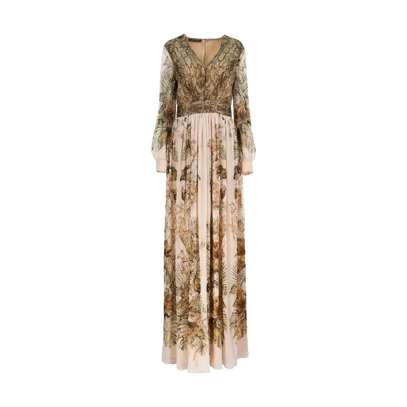 Alberta Ferretti Floral and Snake Print Silk Long Dress Tunics Plaid country