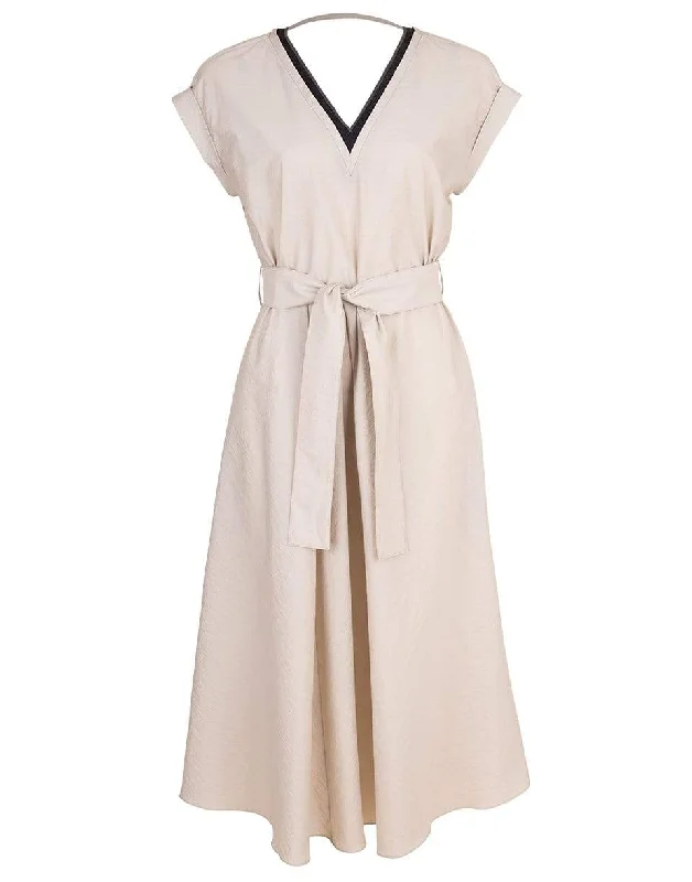 Cap Sleeve Belted V-Neck Dress Boat Neckline Classic