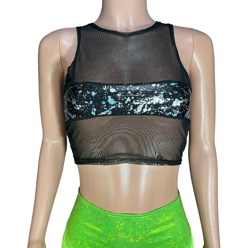 Mesh Censor Crop Tank - Black Mesh w/ Black Holo Splatter Holographic cherry red tank