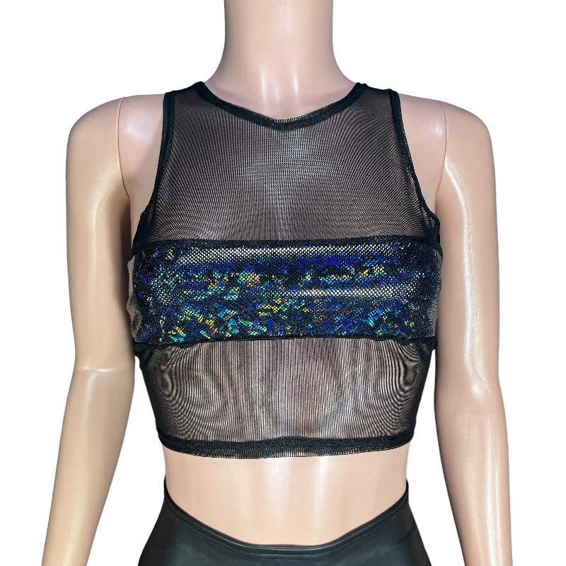 Mesh Censor Crop Tank - Black Mesh w/ Black Shattered Glass Holographic grey tank top