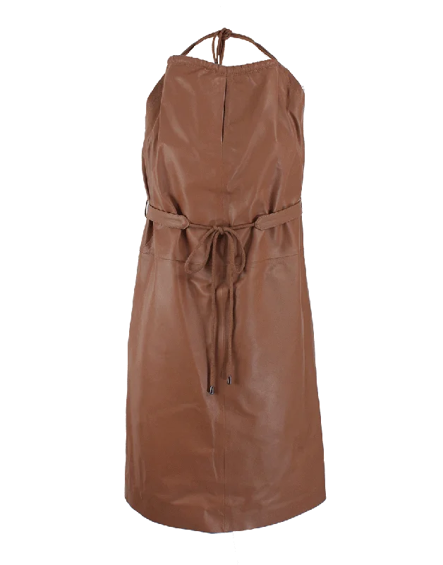 Halter Leather Dress with Belt Tunics Long Elegant