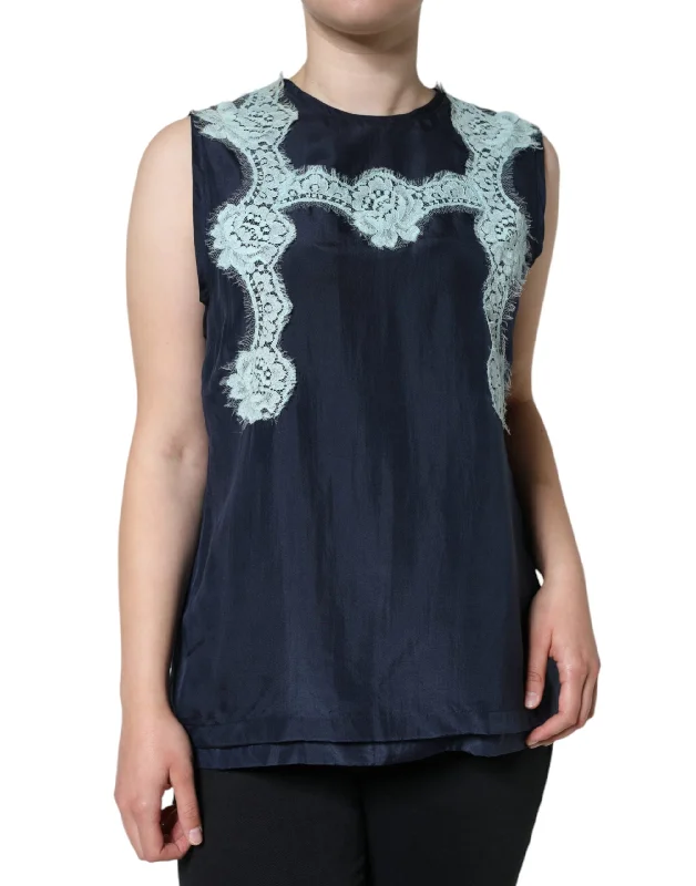 Blue Floral Lace Silk Sleeveless Tank Top soft tank top