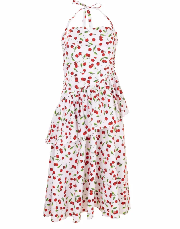 Cherry Print Ruched Peplum Halter Dress Tunics Luxurious high-end