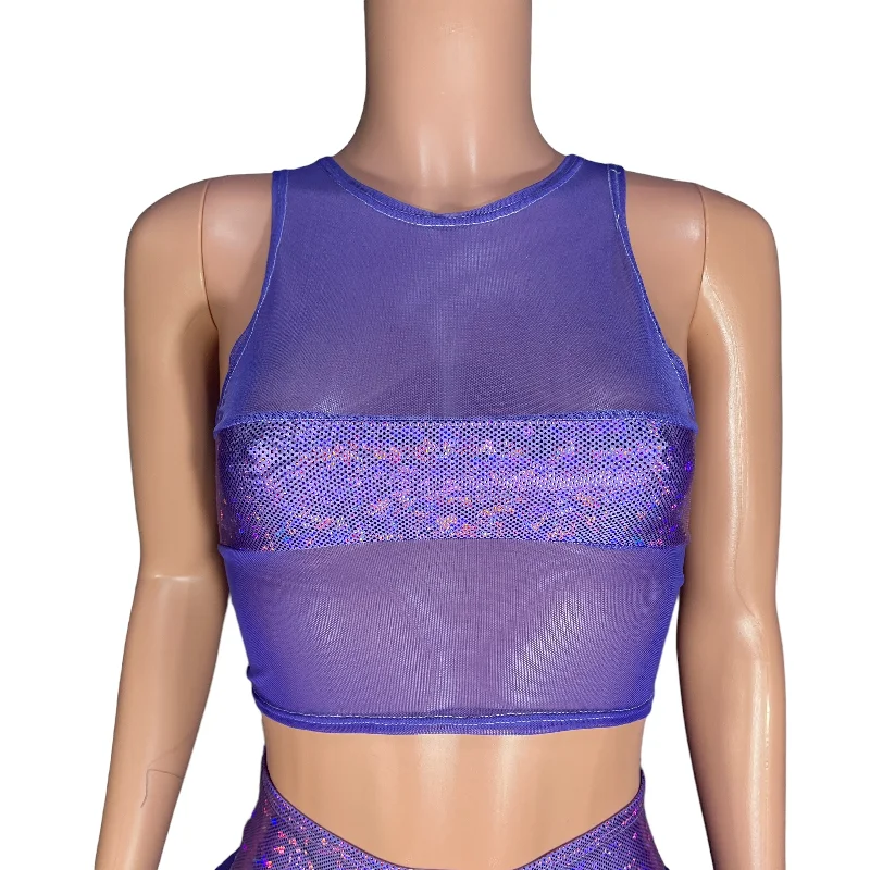 Mesh Censor Crop Tank - Lavender Mesh w/ Shattered Glass Holographic white tank top