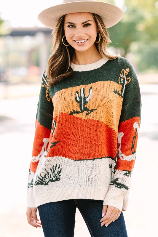 Heading Out West Olive Green Cactus Sweater Striped Floral Plaid