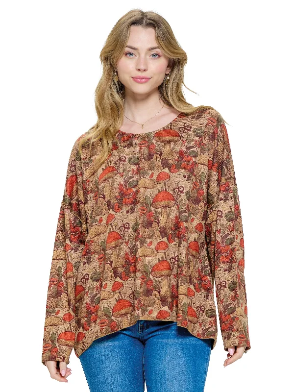 Pullover Top Loose Fit Mushroom Nature Solo Sleeve Pullover