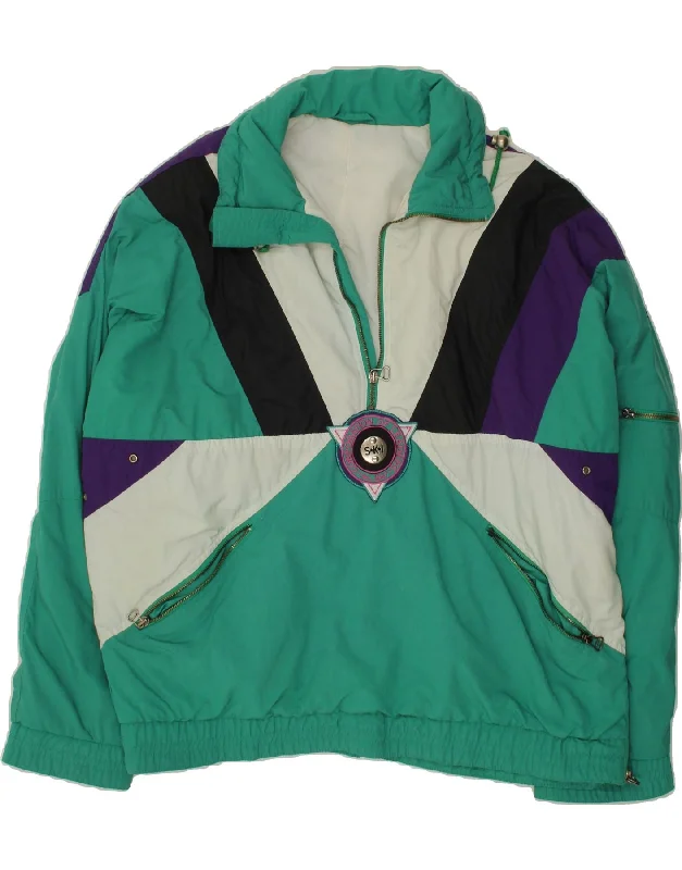 VINTAGE Womens Pullover Ski Jacket UK 18 XL Green Colourblock Polyester Faux Fur Trim