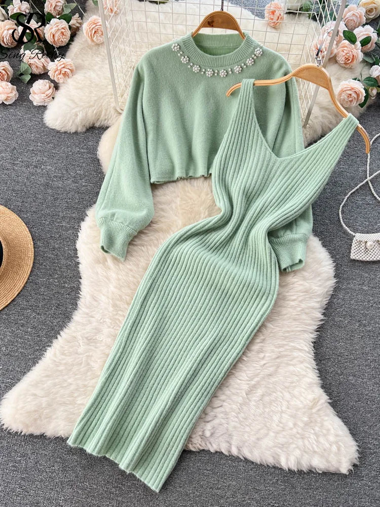 Yipinpay Winter Women Knitted Sets Fashion Breading Long Sleeve Pearl Sweater+Knitted Camis Dress Sets Fashion Sweater Suits Denim Fabric Leather Fabric Suede Fabric