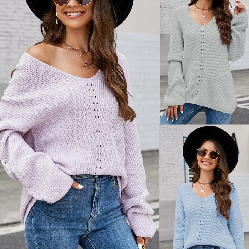 Long Sleeve Sweater With Pocket Solid Color V-neck Pullover Knitwear Women Tops Cable Knit Chunky