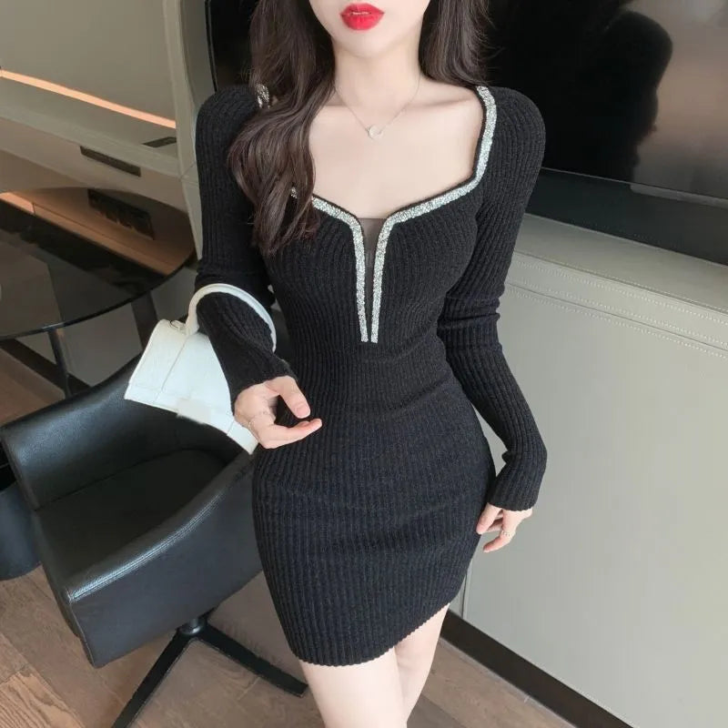 Yipinpay Wrap Hip Short Square Collar Sweater Dress Bodycon Slim 2023 Winter Black Knitted Dress Robe Gentle Vestidos Mujer Ribbed Striped Patterned