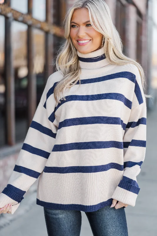 Have Your Fun Natural/Navy Striped Turtleneck Sweater Soft Cozy Warm