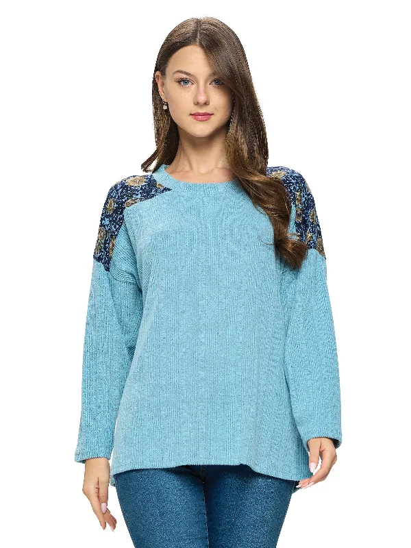 Pullover Oversized Ribbed Floral Shoulders Scalloped Neck Pullover