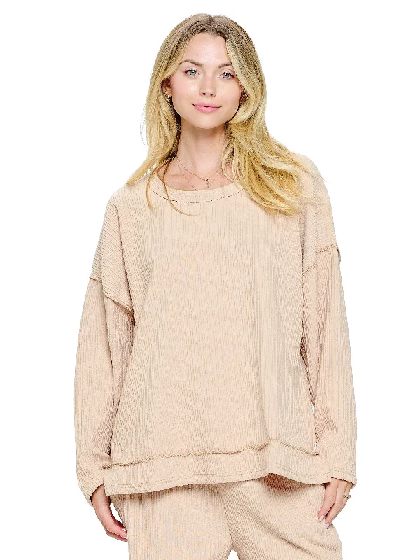 Pullover Casual Ribbed Oversized Shirred Sleeve Feminine