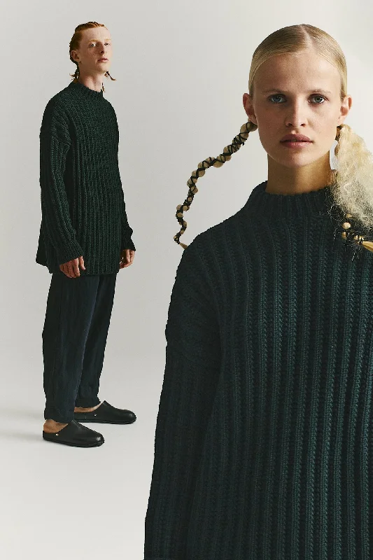 CREW NECK OPEN RIB SWEATER - WOOLY - GREEN Velvet Chenille Corduroy