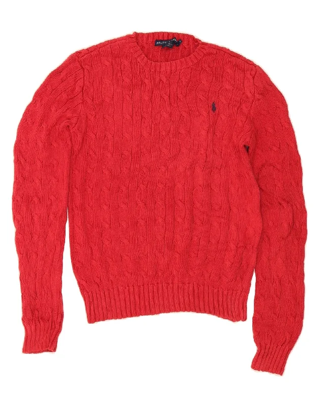 RALPH LAUREN Womens Crew Neck Jumper Sweater UK 10 Small Red Cotton High Neck Crew Neck V-Neck