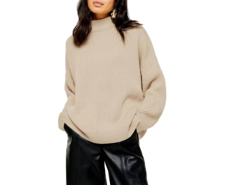 Oversize Rib Knit Mock Neck Pullover In Oat Hooded Pullover Sweater