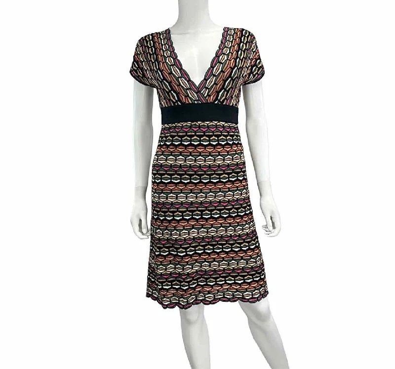 MISSONI Multi-colored Sweater Knit Dress Size S Herringbone Houndstooth Plaid