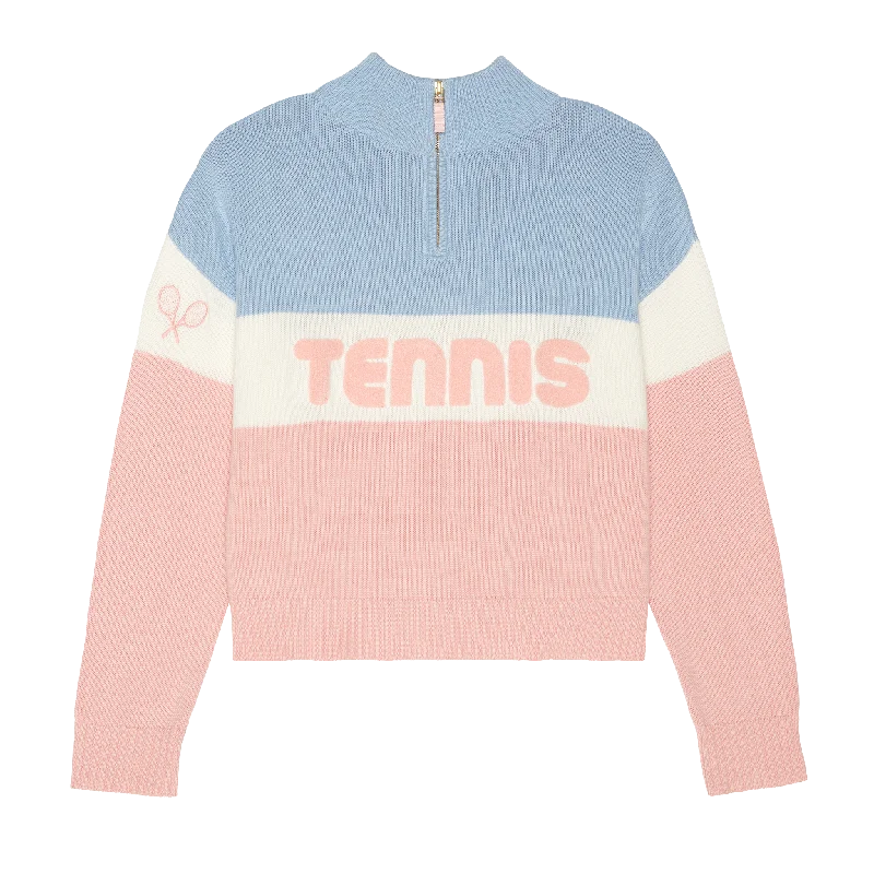 Tennis Color Blocked Quarter Zip Sweater Satin Blend Silk Blend Wool Blend