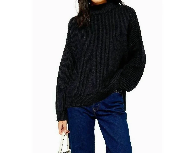 Oversize Rib Knit Mock Neck Pullover Sweater In Black Puff Sleeve Stylish