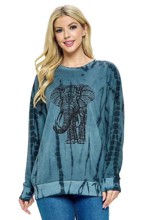 Pullover Top Boho Tie Dye Elephant Print Surplice Neck Pullover