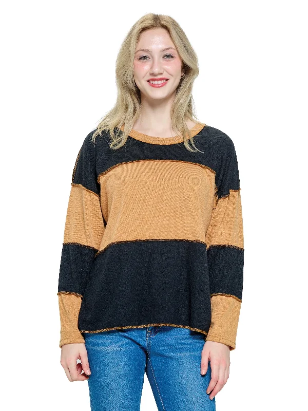 Pullover Boho Sweater Colorblock Stitch Accented Tapered Sleeve Pullover