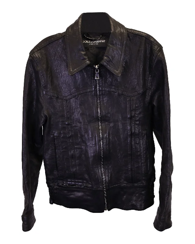 Dolce & Gabbana Vintage Zipped Jacket in Black Leather Anorak Shell Jacket Lightweight Jacket