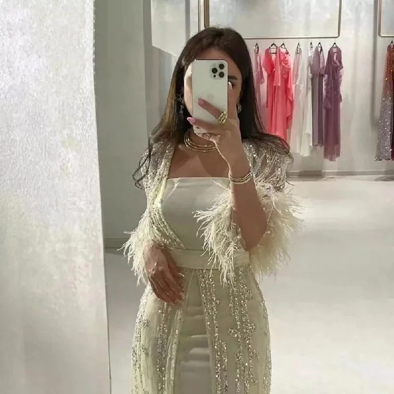 Serene Hill Beaded Feathers A Line Cream Caftan Marocain Femme  Evening Dresses  Arabic  With Jacket   Gown For Party LA71759 Tiered Jacket Buttoned Jacket Zippered Jacket