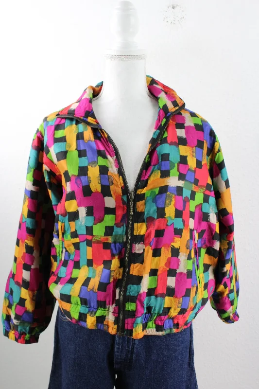 Vintage Colorful Plaid Jacket (S) Satin Fabric Silk Fabric Chiffon Fabric