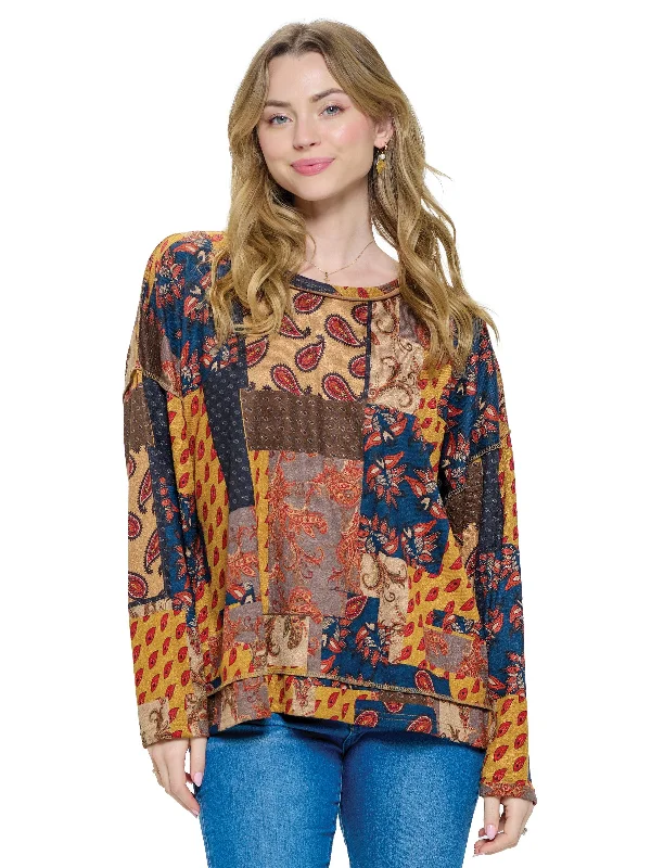 Pullover Top Patchwork Print Multicolor Paisley Slit Sleeve Stylish