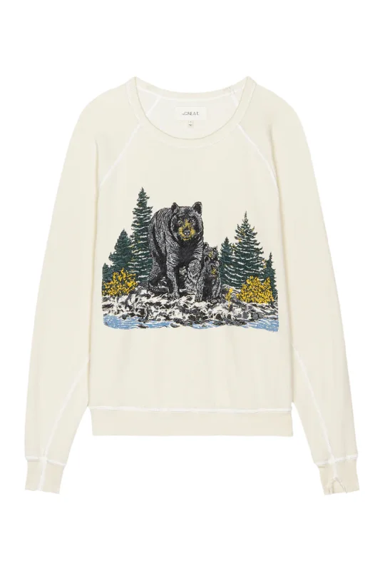 The College Sweatshirt Black Bear Graphic | Washed White Hoodie with Fur Luxurious Winter