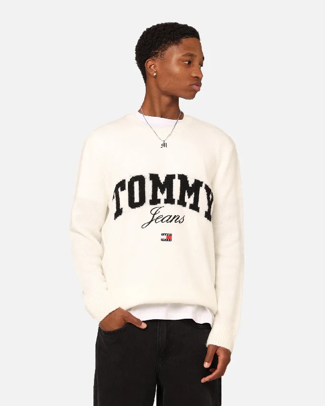 Tommy Jeans Relaxed New Varsity Sweater Ancient White Silk Blend Satin Velvet