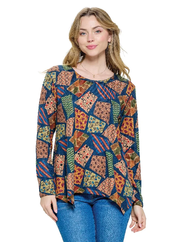 Pullover Top Loose Fit Patchwork Multicolor Three Quarter Sleeve