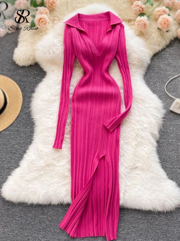 Yipinpay Women Korean Knitted Dress Long Sleeve V Neck Elastic Slim Pencil Dresses 2024 Autumn Sexy Bodycon Split Sweater Dress Boxy Sweater Fitted Sweater A-Line