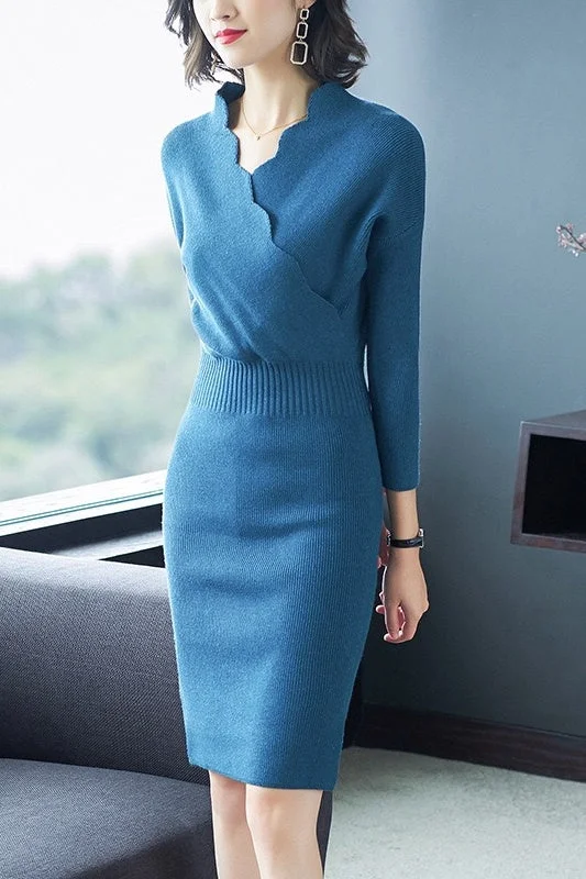 Scallop V Neck Sweater Dress Welt Pockets Slit Pockets Flap Pockets