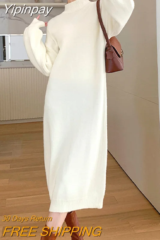 Yipinpay White Knitted Long Dress Women Autumn Vintage Half High Collar Warm Sweater Dress Korean Casual Chic Evening Y2k Dress Hooded Caped Shawl Collar