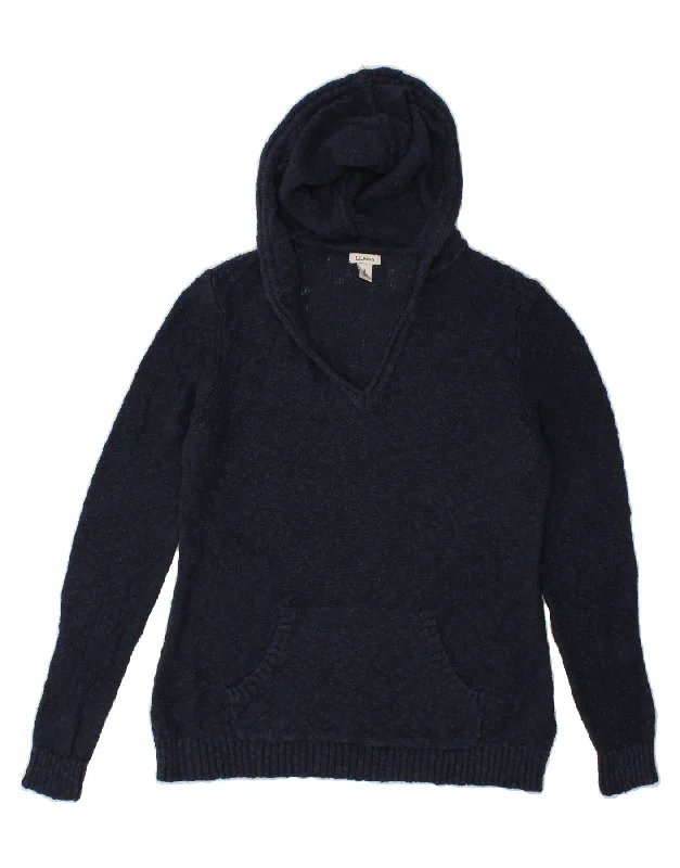 L.L.BEAN Womens Hooded V-Neck Jumper Sweater UK 14 Medium Navy Blue Cotton Fitted Slim Tailored