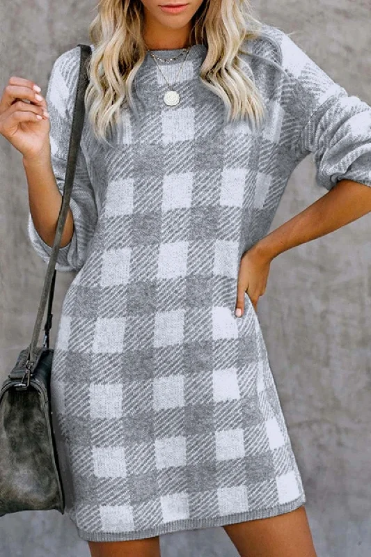 Checker Plaid Slim Knitwear Sweater Dress Glossy Satin Silk