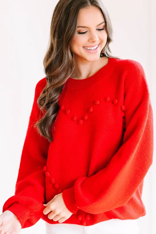 All For The Love Red Pompom Heart Sweater Tailored Straight A-Line