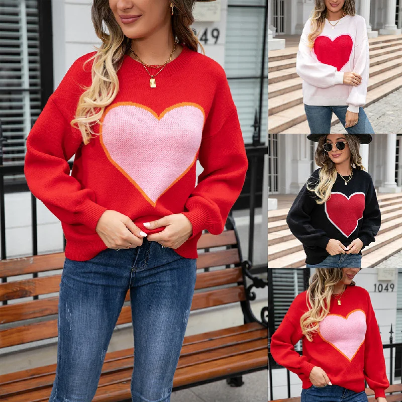 Round Neck Love Sweater Pullover Plus Size Peach Heart Sweater Crew Neck Wool