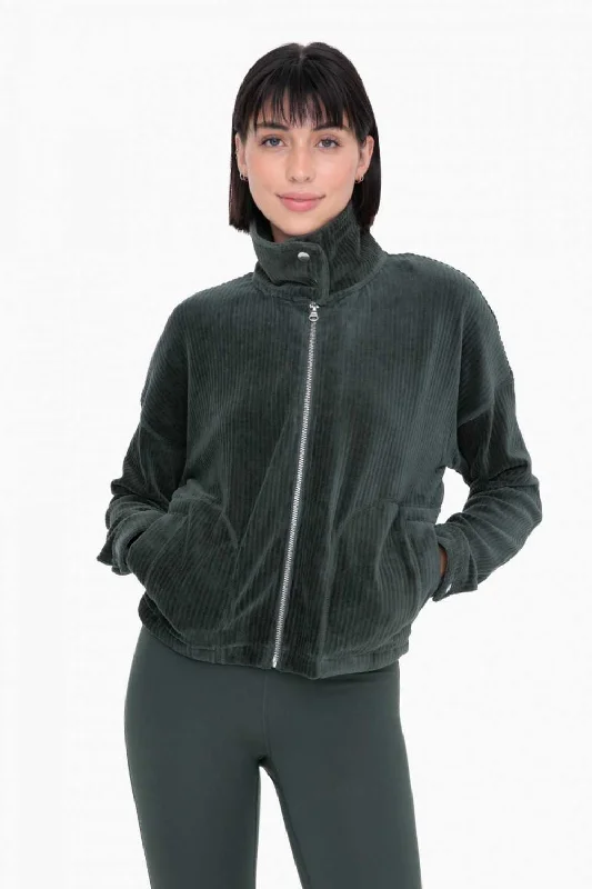 Women's Mono B | Corduroy Moto Style Jacket | Deep Forest Green Satin Jacket Silk Jacket Chiffon Jacket