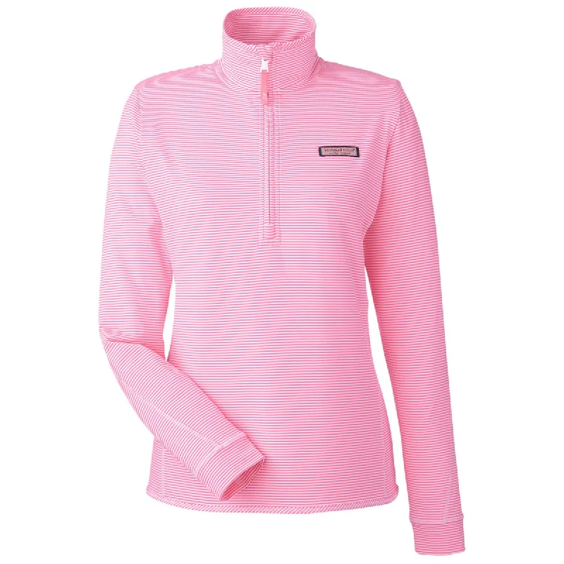 Vineyard Vines Women's Knkout Pink Microstripe Sankaty Half-Zip Pullover Plunging Neck Pullover