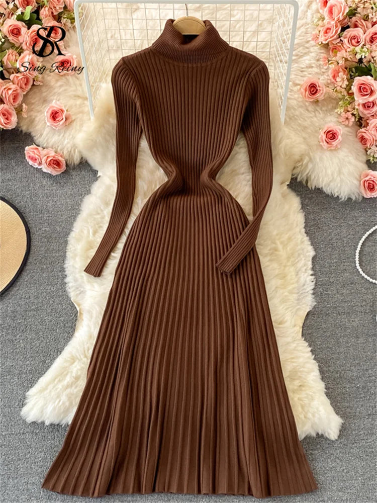 Yipinpay Women Pleated Knitted Dress Turtleneck Long Sleeve Elastic Slim Pencil Dress Autumn Winter Sexy Bodycon Sweater Dress Nylon Fabric Polyester Fabric Spandex Fabric