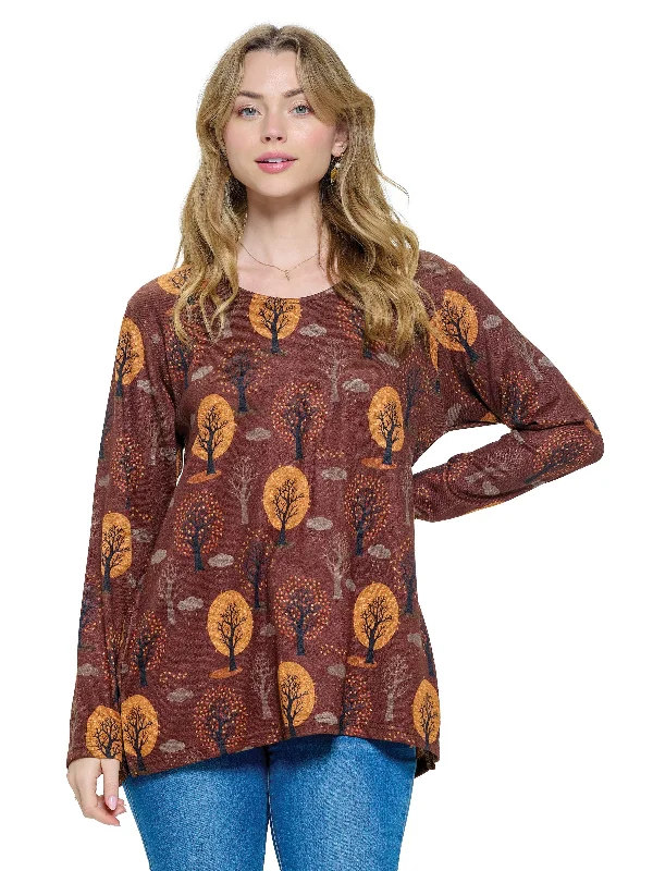 Pullover Top Loose Fit Tree of Life Forest Spaghetti Sleeve Top