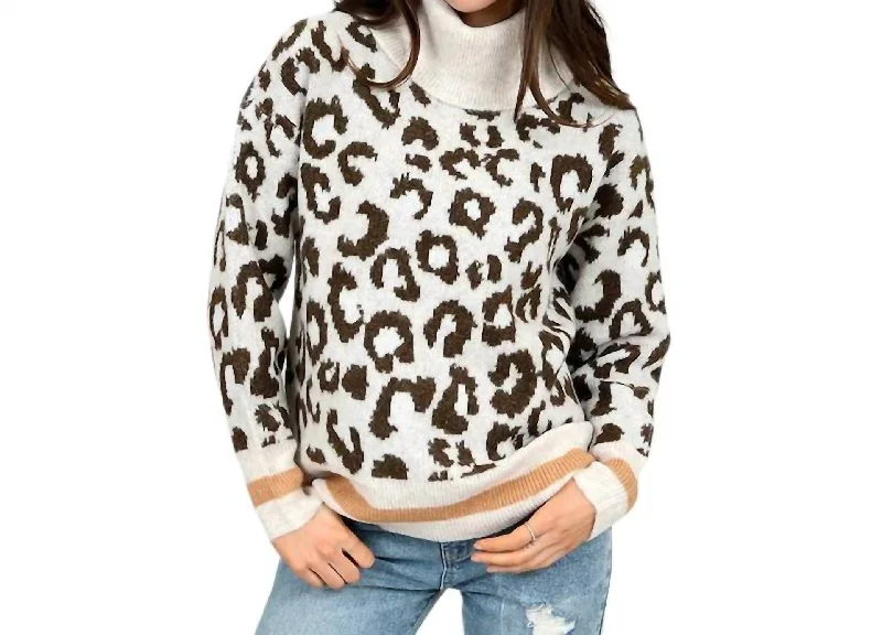 Leopard Print Pullover With Trim In Beige Fine Merino Wool