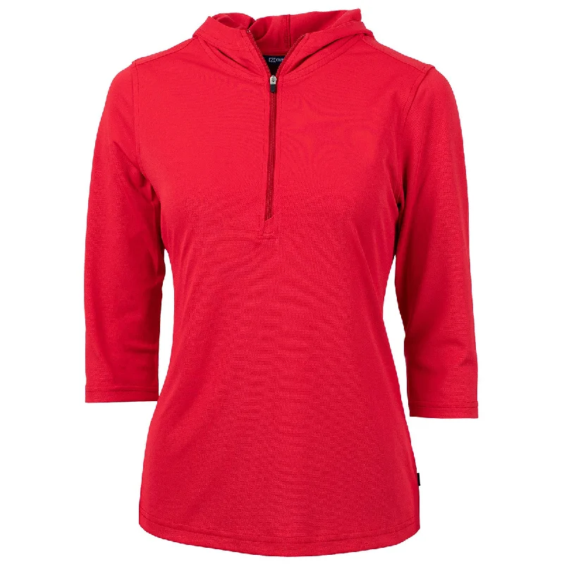 Cutter & Buck Women's Red Virtue Eco Pique Recycled Half Zip Pullover Hoodie One Shoulder Top