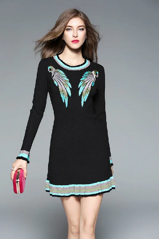 Parrot Embroidered Mini Sweater Dress Tailored Straight A-Line